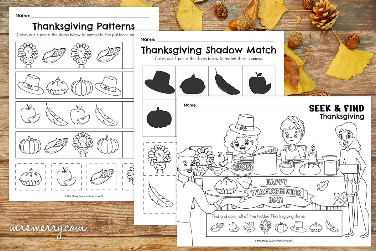 3 Fun &amp; Festive Preschool Thanksgiving Worksheets | Mrs. Merry for Preschool Thanksgiving Printable Worksheets