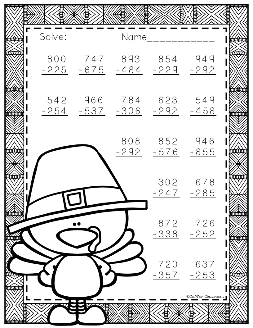 3.Nbt.2 Thanksgiving Themed 3 Digit Subtraction With Regrouping throughout Thanksgiving Subtraction With Regrouping Worksheets