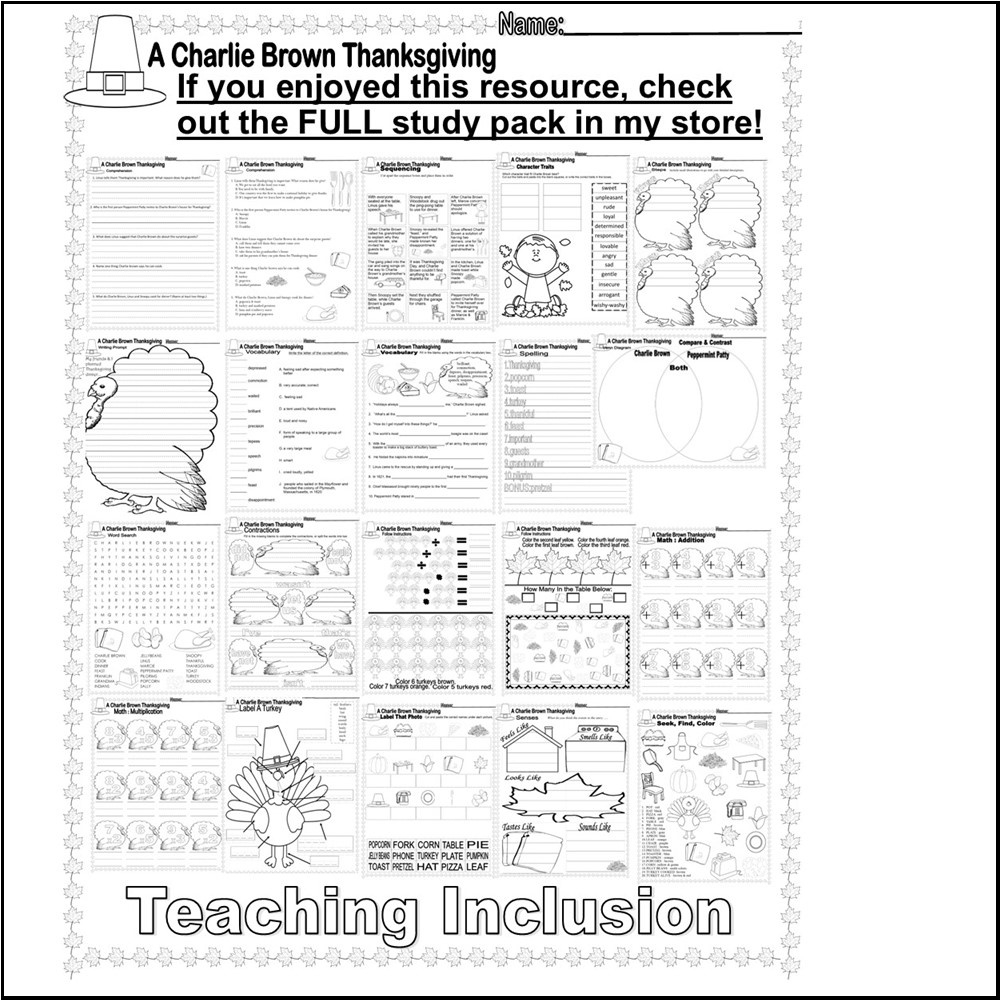 Charlie Brown Thanksgiving Reading Comprehension Story Sequencing for Charlie Brown Thanksgiving Worksheet