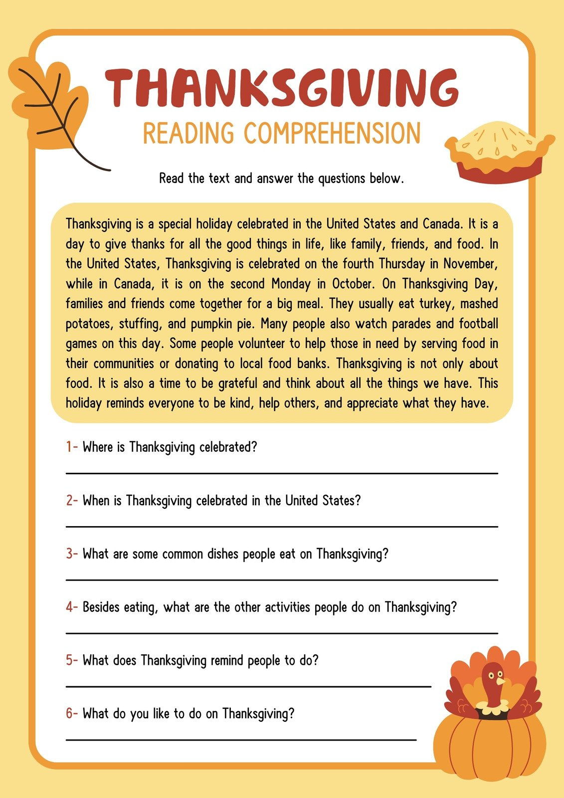 Customize 257+ Thanksgiving Worksheet Templates Online - Canva for Thanksgiving Reading Worksheets