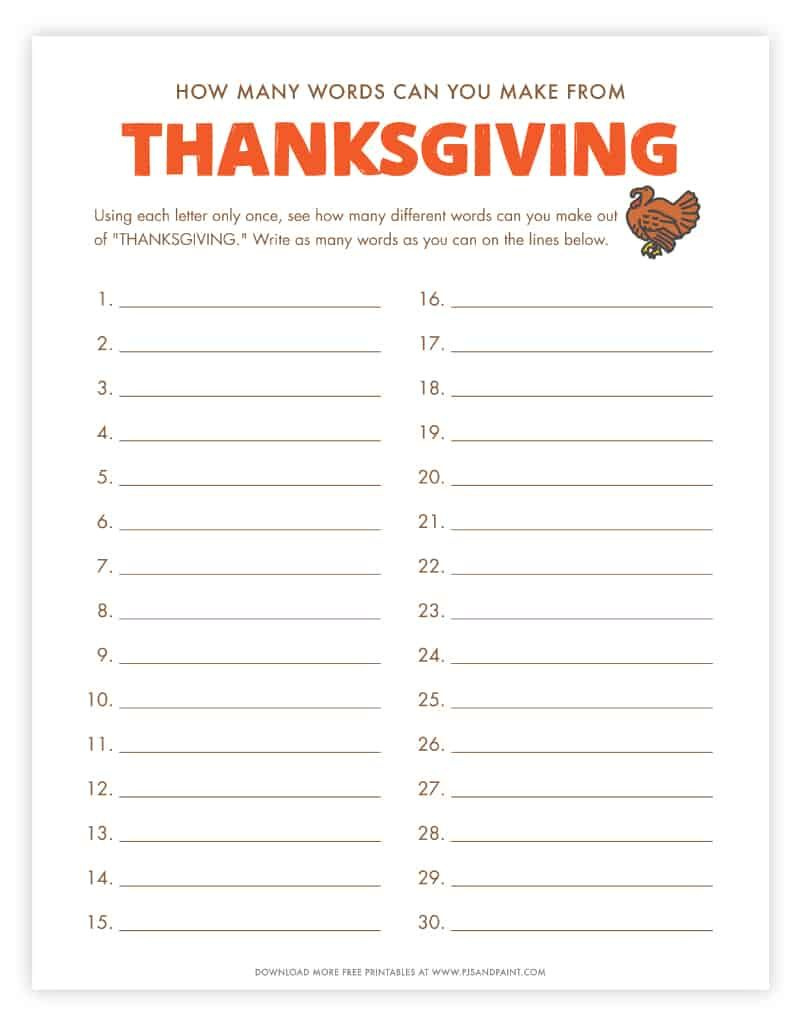 How Many Words Can You Make Out Of Thanksgiving - Free Printable for How Many Words Can You Make Out Of Thanksgiving Worksheet