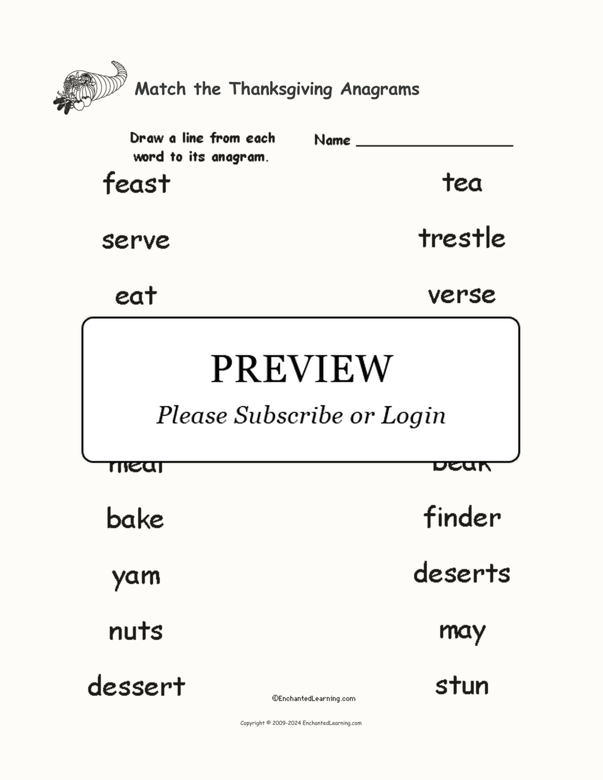 Match The Thanksgiving Anagrams - Enchanted Learning for Thanksgiving Anagrams Worksheet Answers