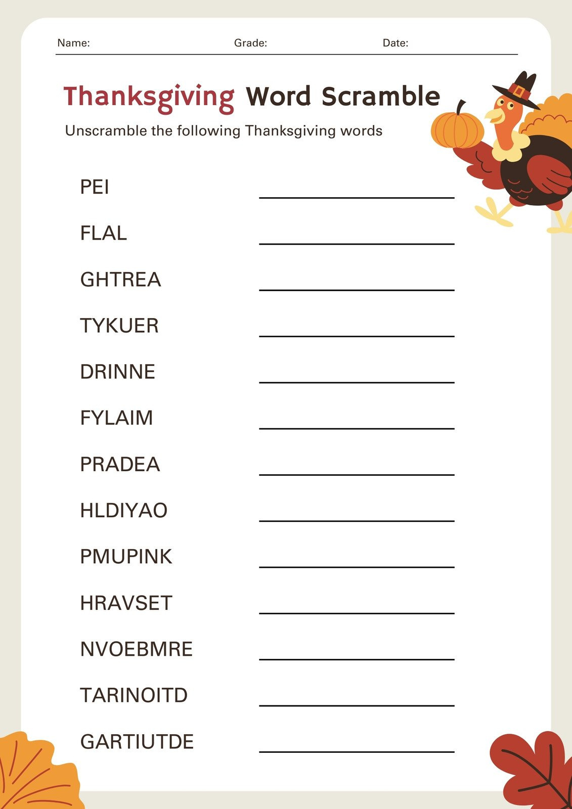 Page 5 - Customize 252+ Thanksgiving Worksheet Templates Online inside Unscramble Thanksgiving Words Worksheet