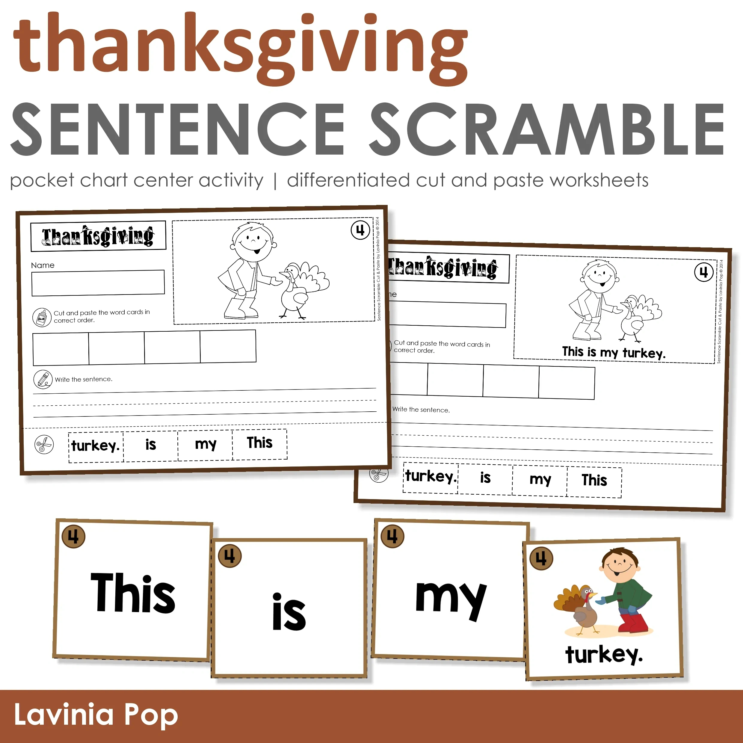 Sentence Scramble Pocket Chart Activity With Cut And Paste Worksheets: Thanksgiving intended for Thanksgiving Cut And Paste Worksheets