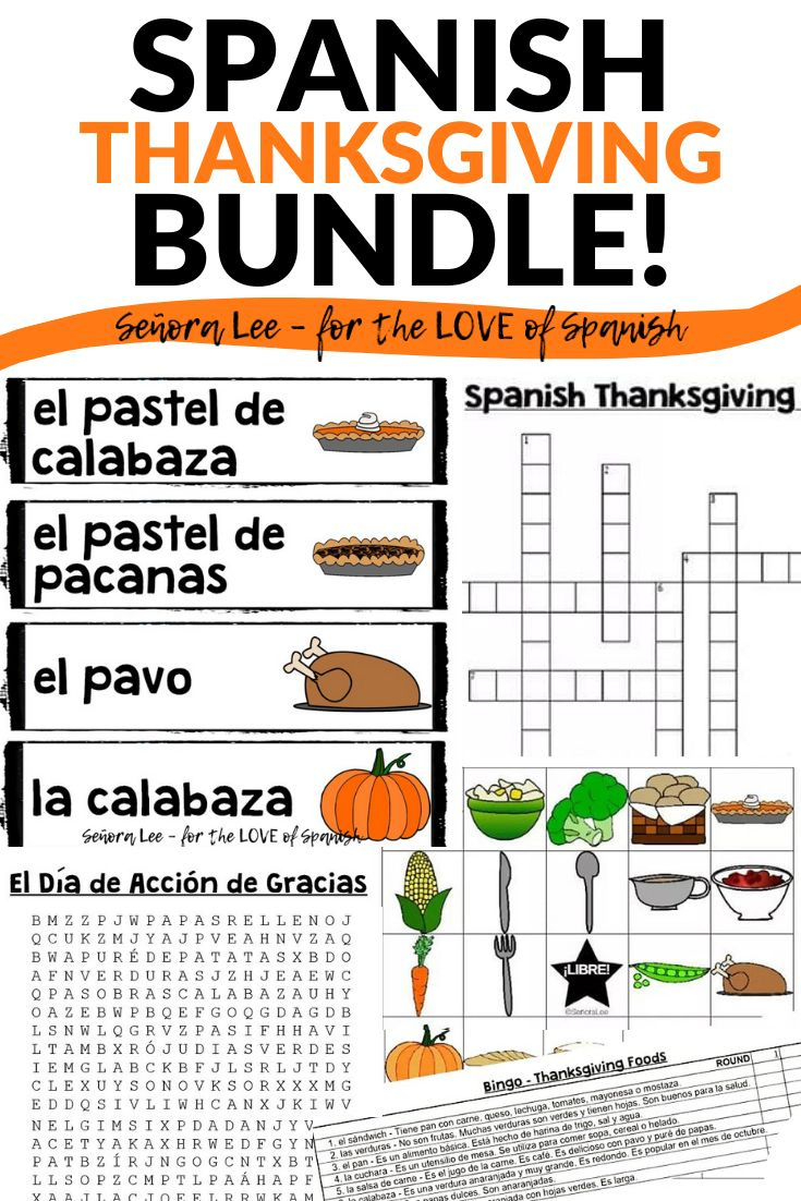 Spanish Food Activities Games Worksheets Thanksgiving Acción De with Spanish Thanksgiving Worksheets