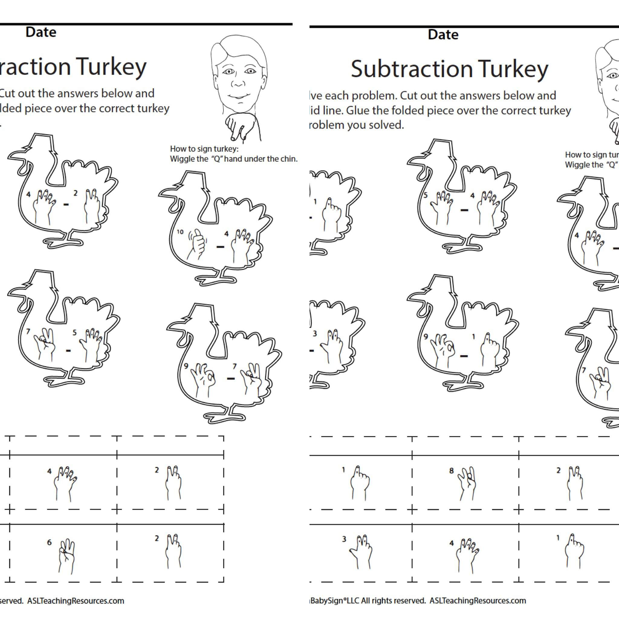 Subtraction Turkey - Asl Teaching Resources inside Thanksgiving Subtraction Worksheets