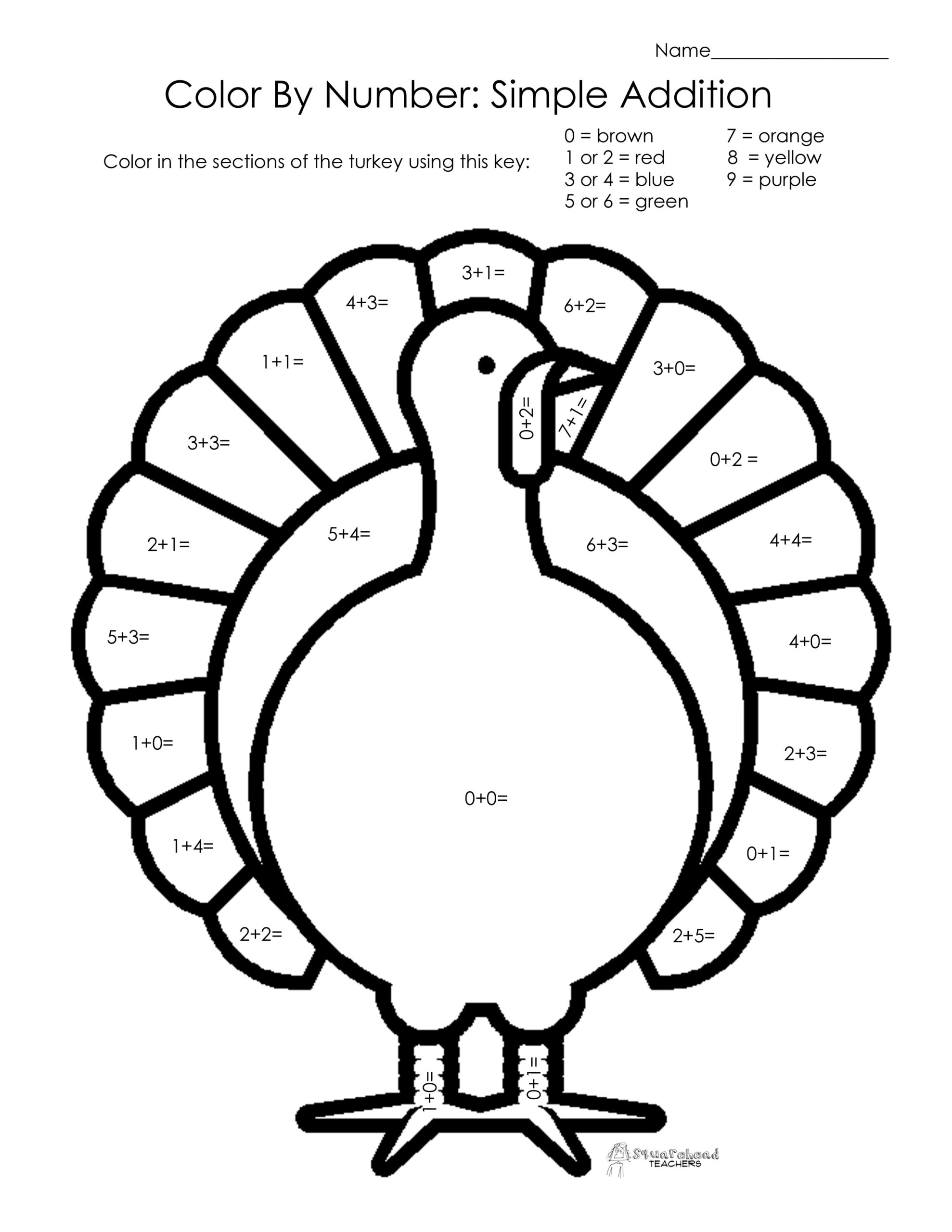 Thanksgiving Colornumber: Simple Addition | Squarehead Teachers for Thanksgiving Addition Worksheets