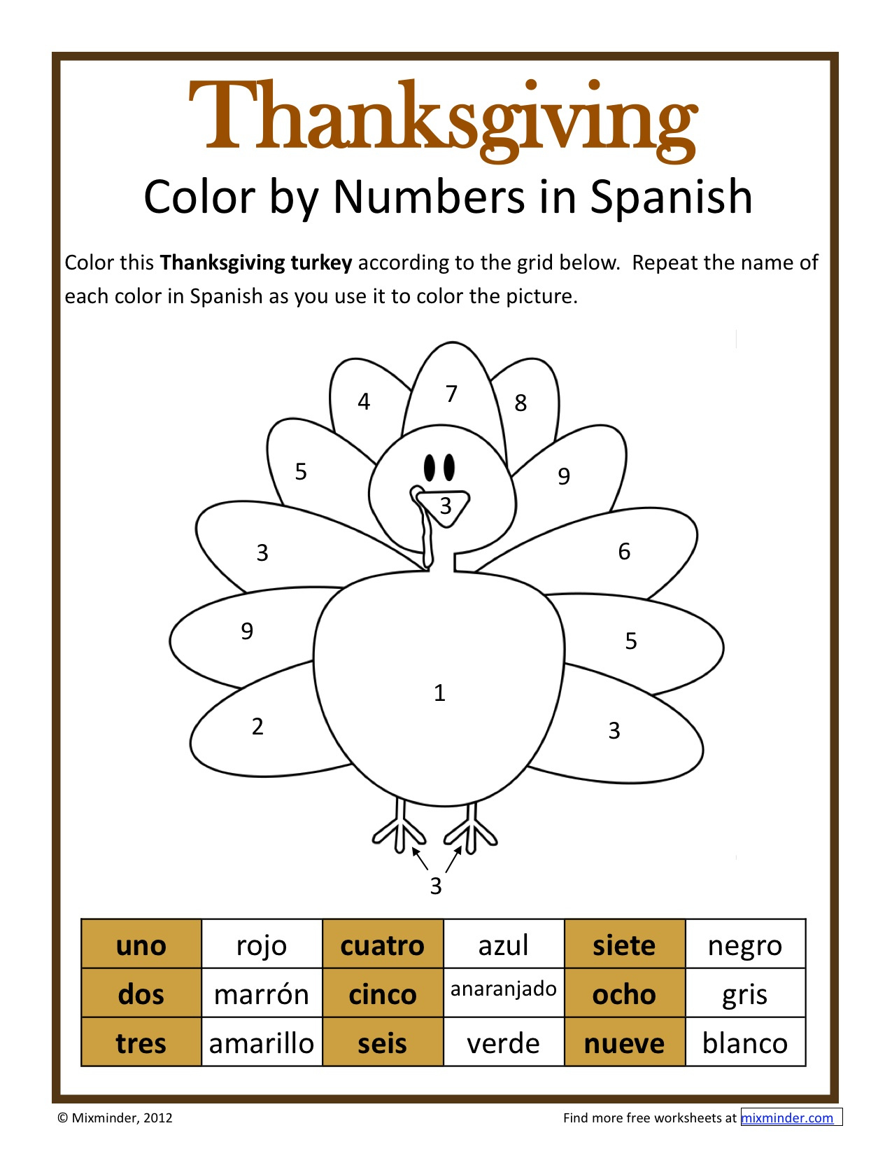 Thanksgiving Colornumbers In Spanish | Mixminder throughout Spanish Worksheets For Thanksgiving