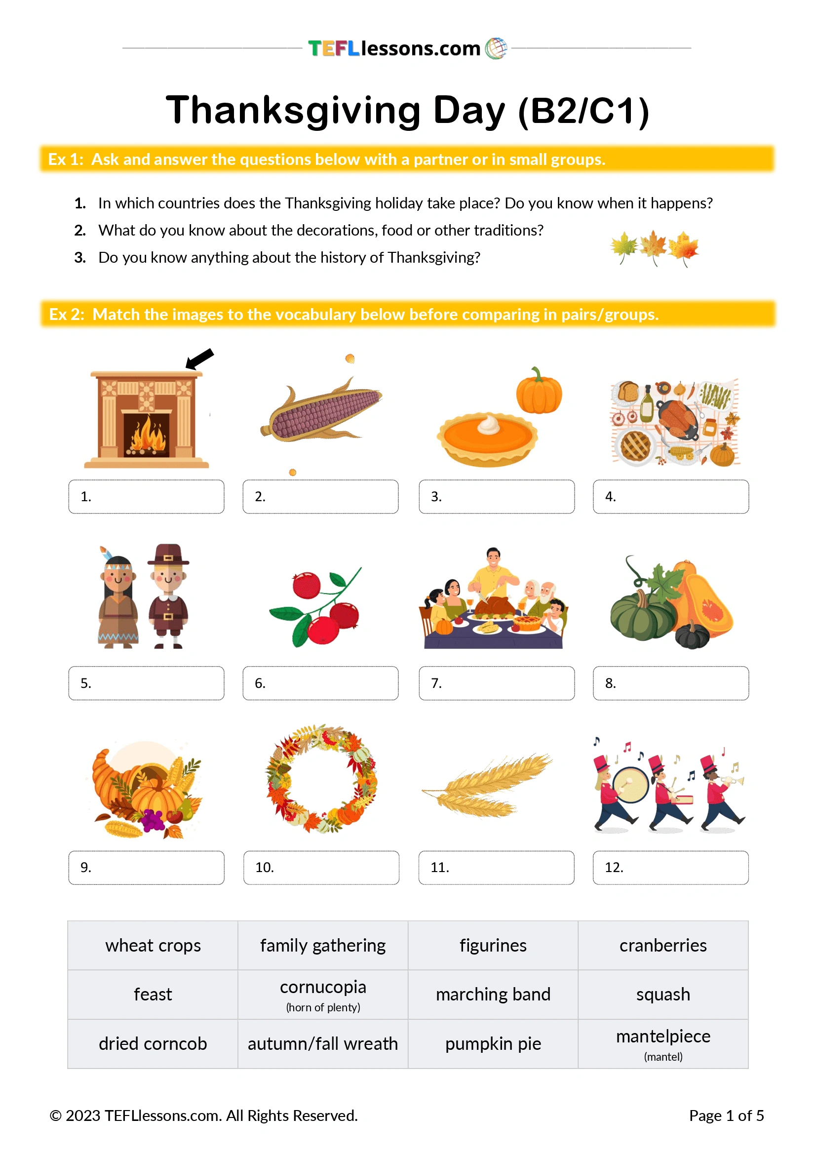 Thanksgiving Day Lesson - Tefl Lessons - Tefllessons | Free in Esl Thanksgiving Worksheets