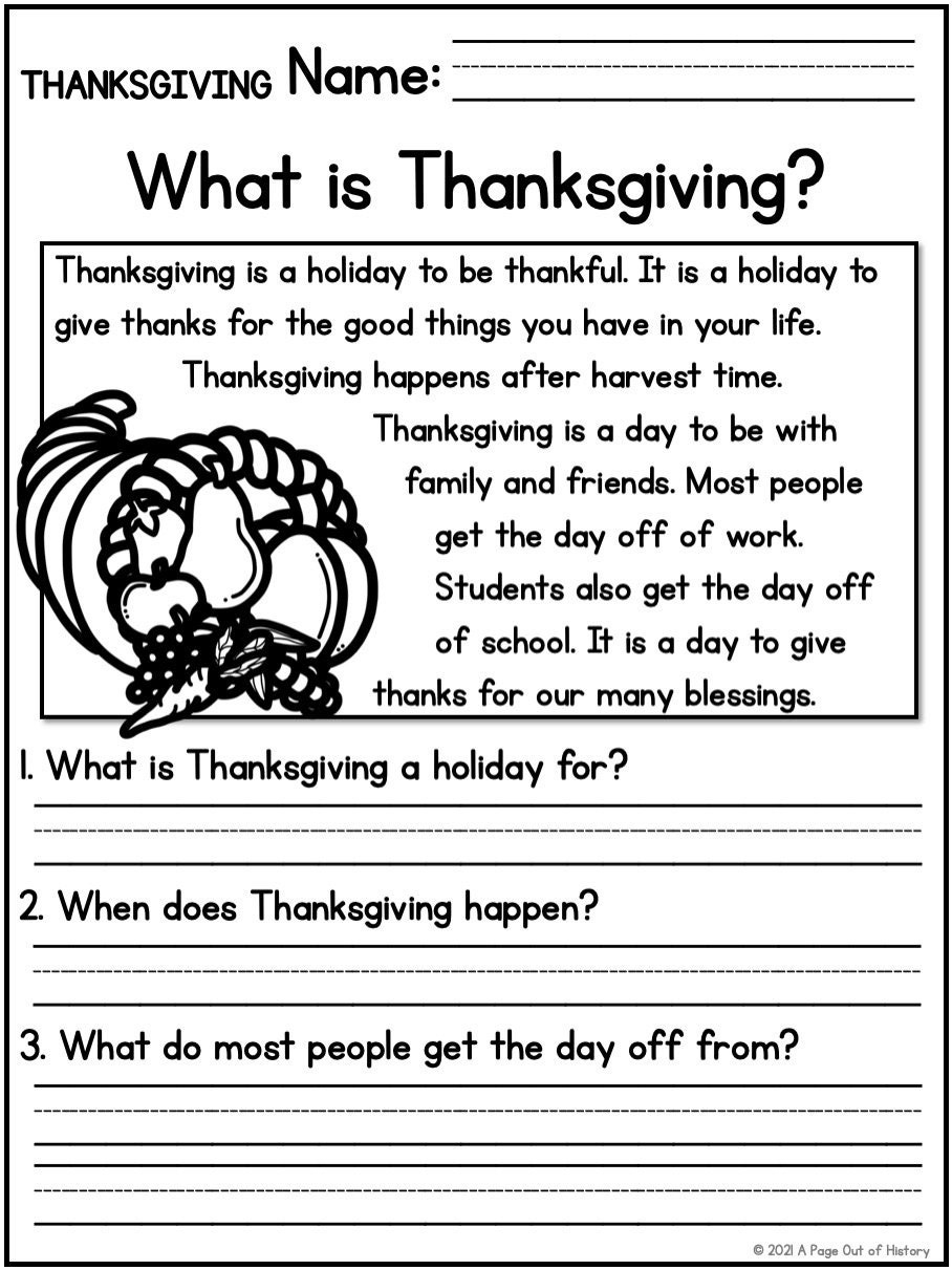 Thanksgiving Holidays Reading Comprehension Passages K-2 pertaining to Thanksgiving Social Studies Worksheets