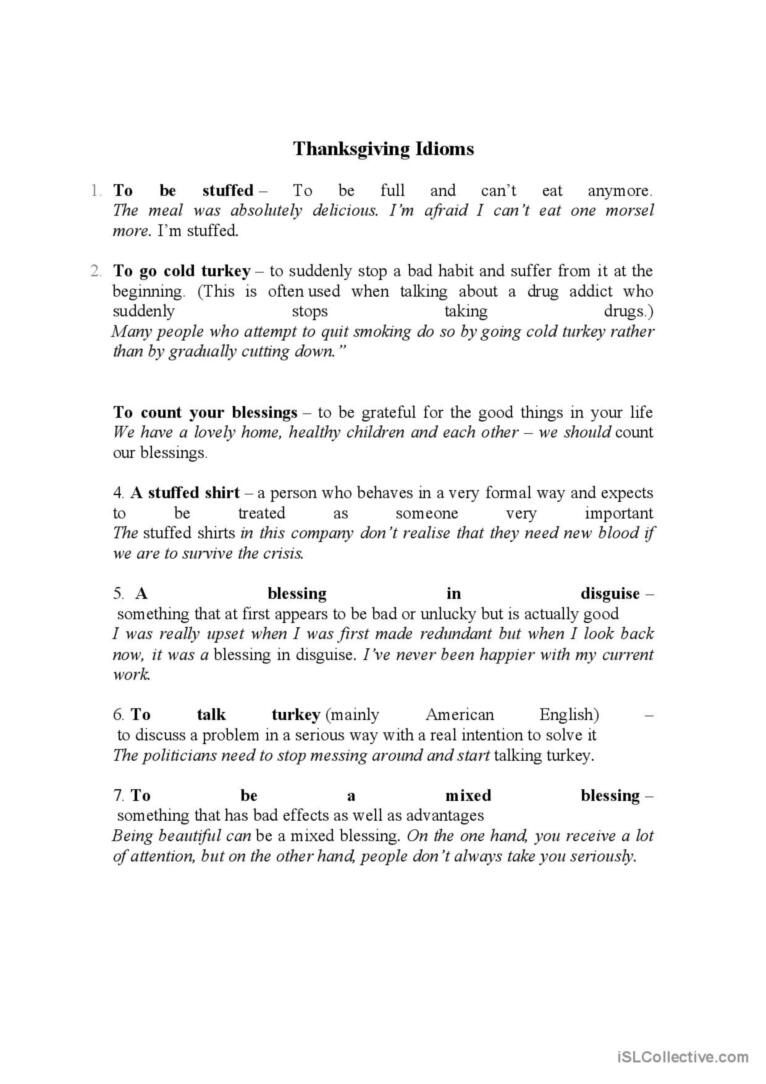 Thanksgiving Idioms: English Esl Worksheets Pdf &amp; Doc within Thanksgiving Idioms Worksheet