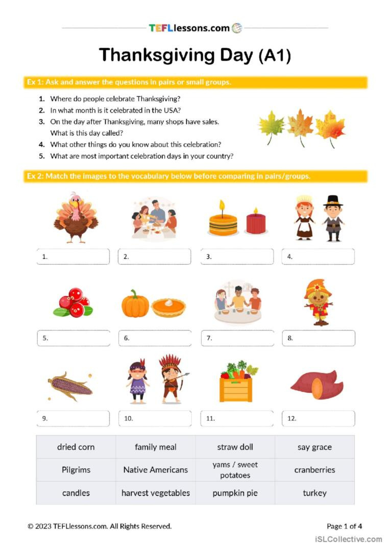 Thanksgiving Lesson (A1 Level) Gener…: English Esl Worksheets Pdf inside Thanksgiving a Day of Thanks Worksheet Answers