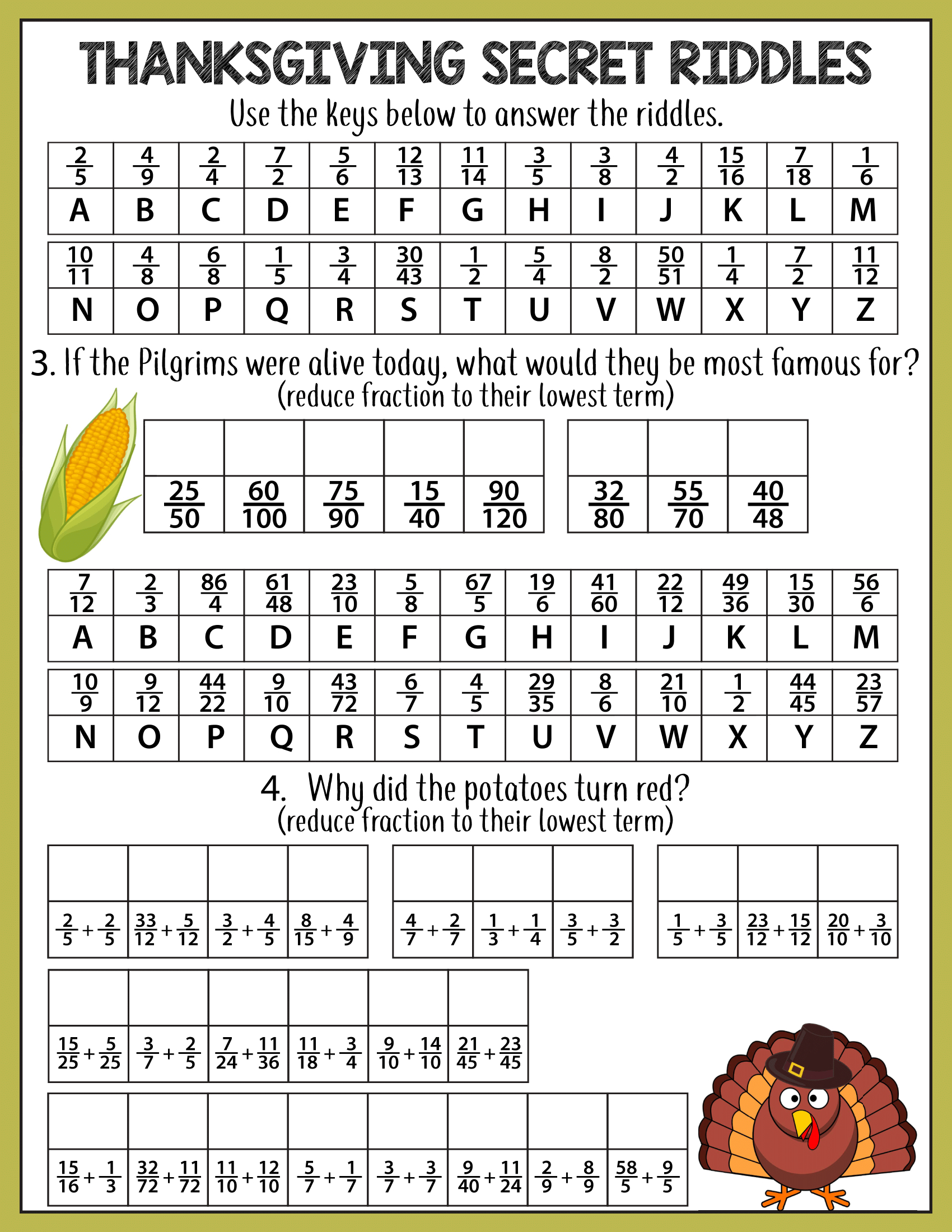 Thanksgiving Math Riddles--Decimals Percents Fractions for Thanksgiving Math Worksheets 5Th Grade