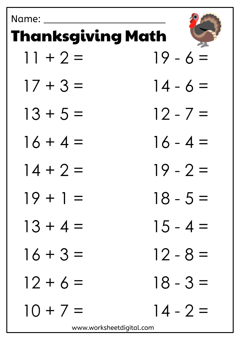 Thanksgiving Math - Worksheet Digital in Thanksgiving Math Addition Worksheets