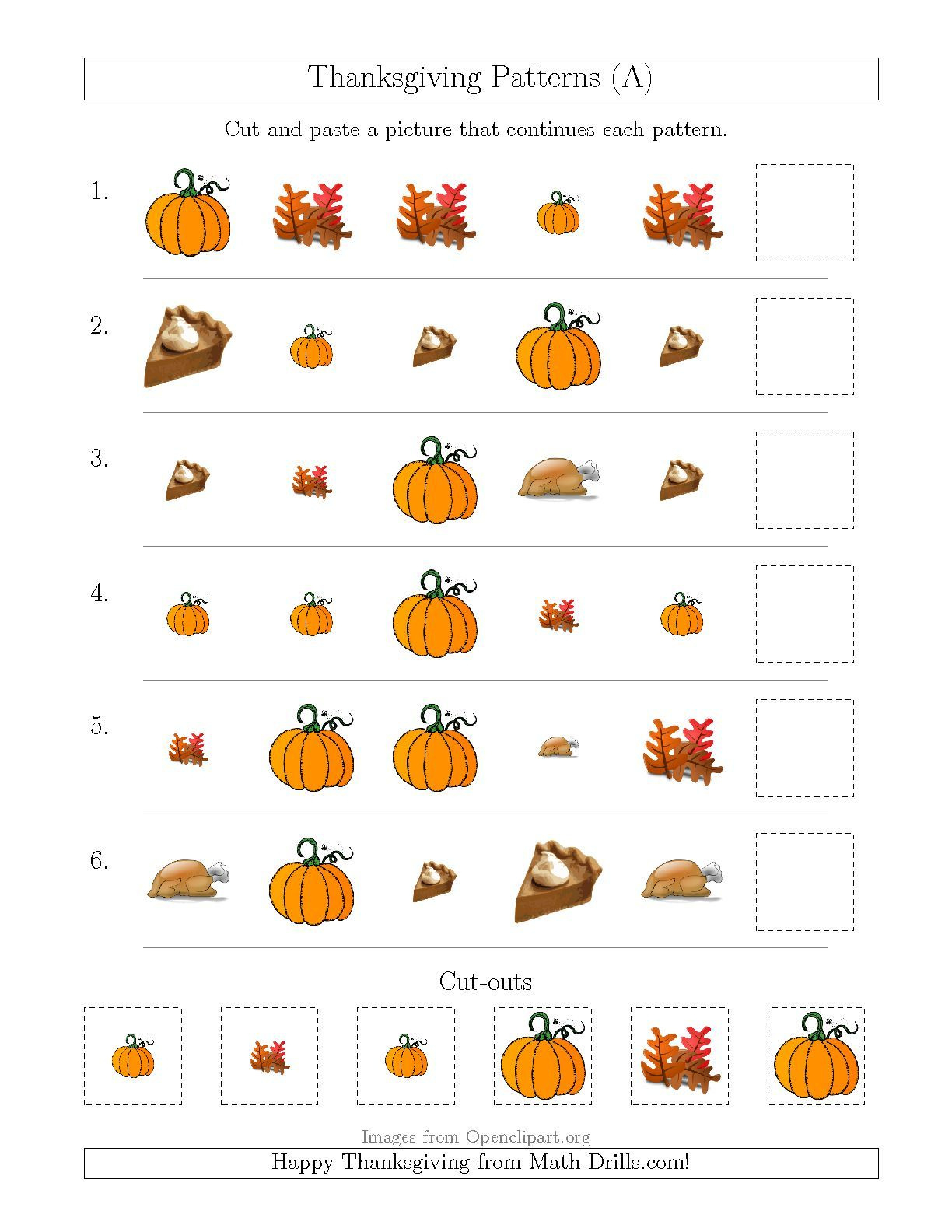 Thanksgiving Picture Patterns With Size And Shape Attributes (A) with Thanksgiving Pattern Worksheets