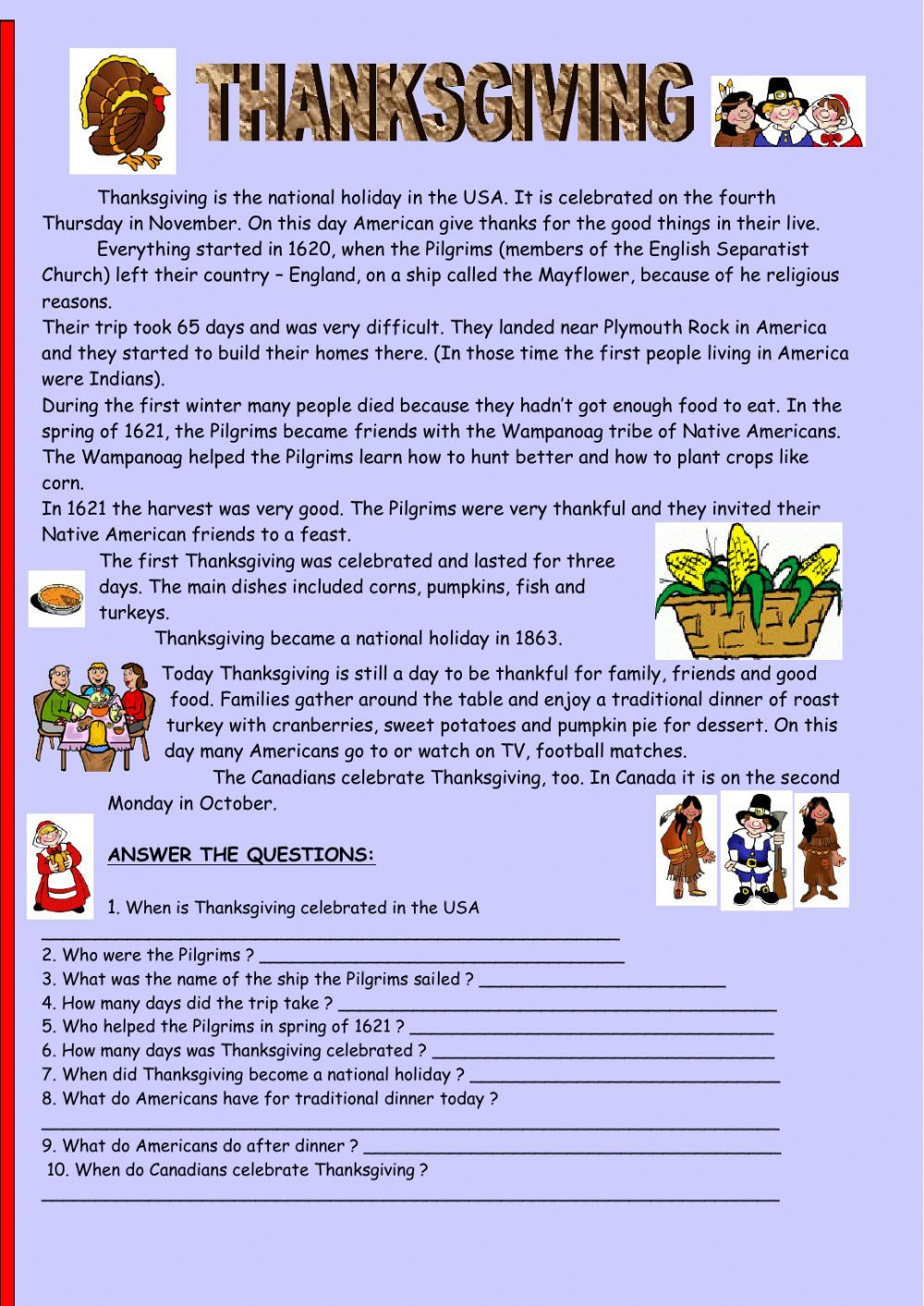 Thanksgiving Reading Comprehension Worksheet for History Of Thanksgiving Reading Comprehension Worksheets