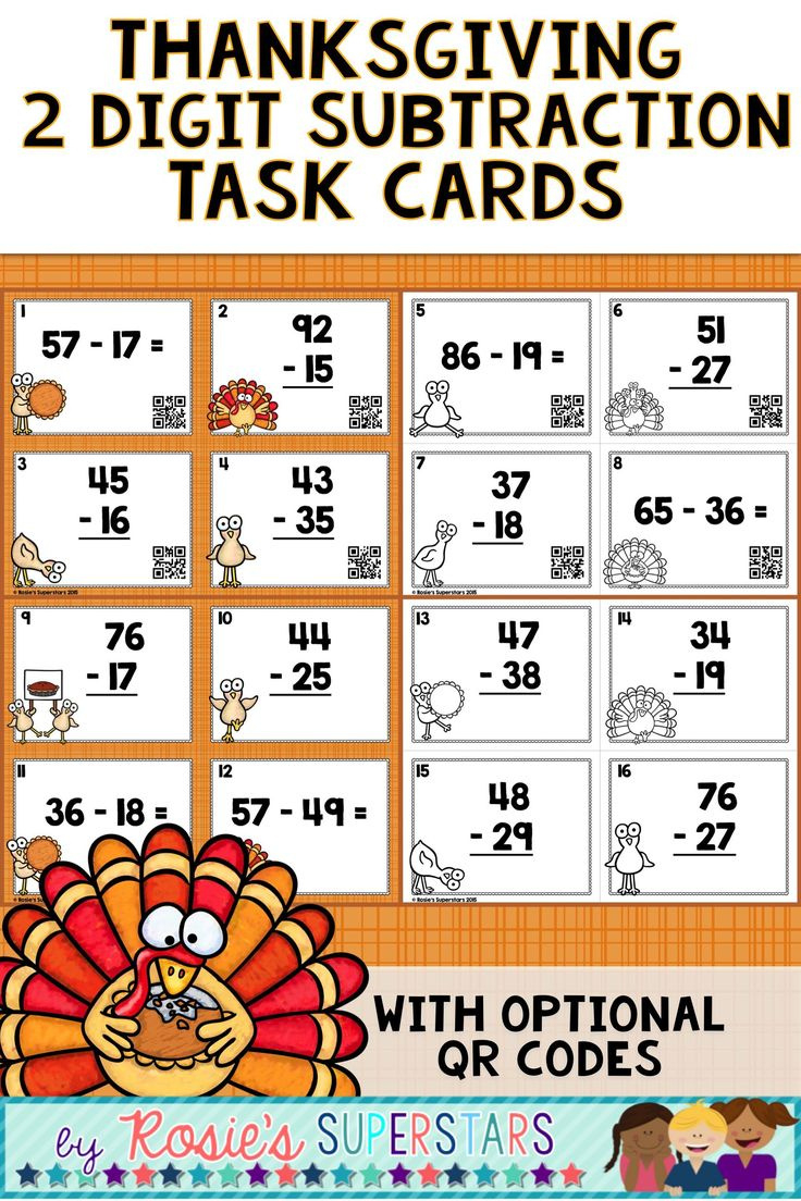 Thanksgiving Two Digit Subtraction With Regrouping Task Cards for Thanksgiving Subtraction Worksheets