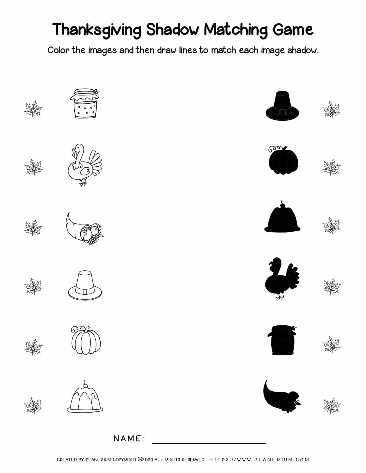 Thanksgiving - Worksheet - Shadow Matching Game | Planerium within Thanksgiving Matching Worksheet