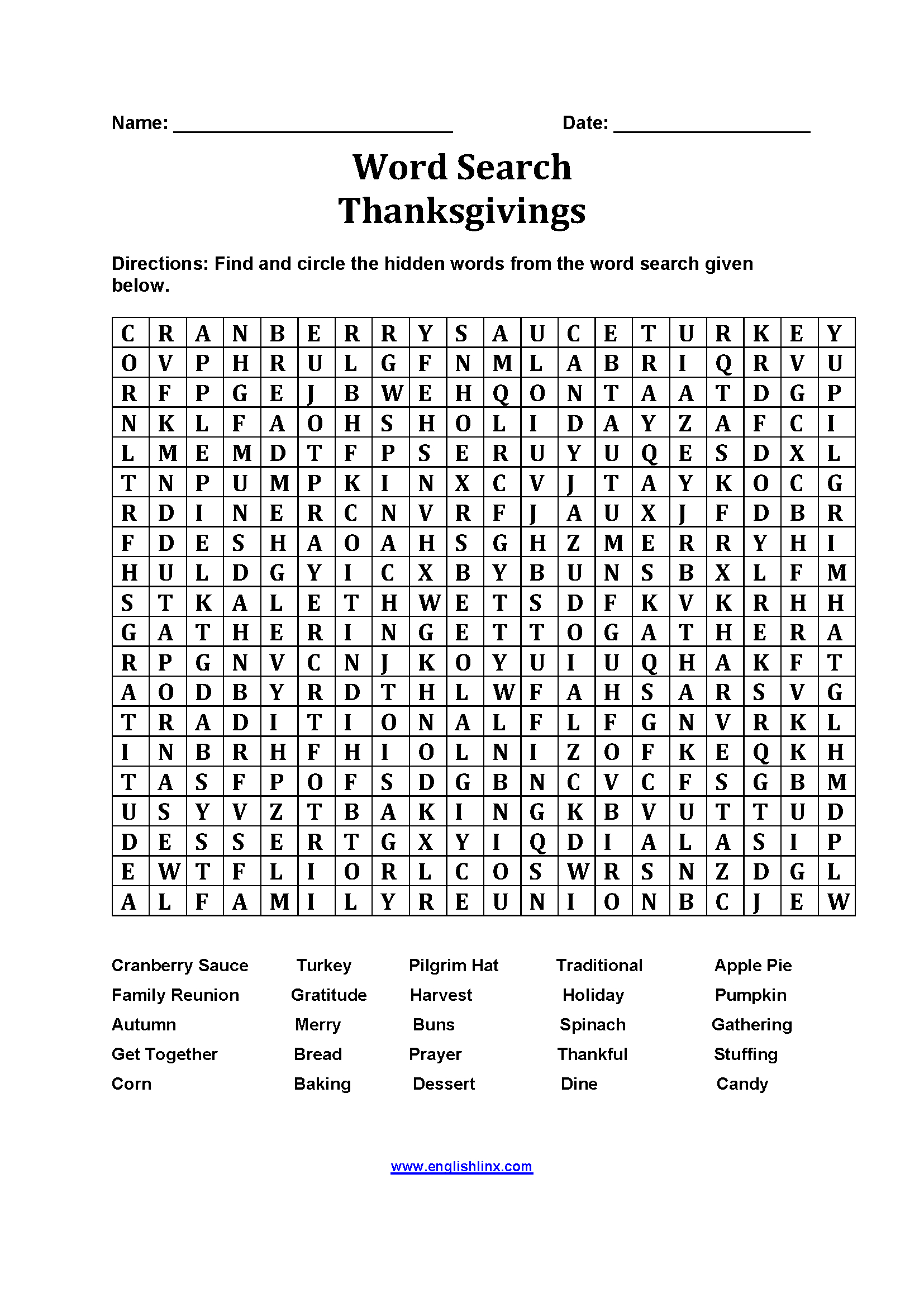 Word Search Worksheets | Thanksgiving Word Search Worksheets for Thanksgiving Worksheets For 5th Graders