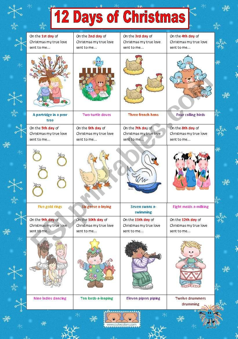 12 Days Of Christmas - Esl Worksheetvanev regarding 12 Days of Christmas Worksheet