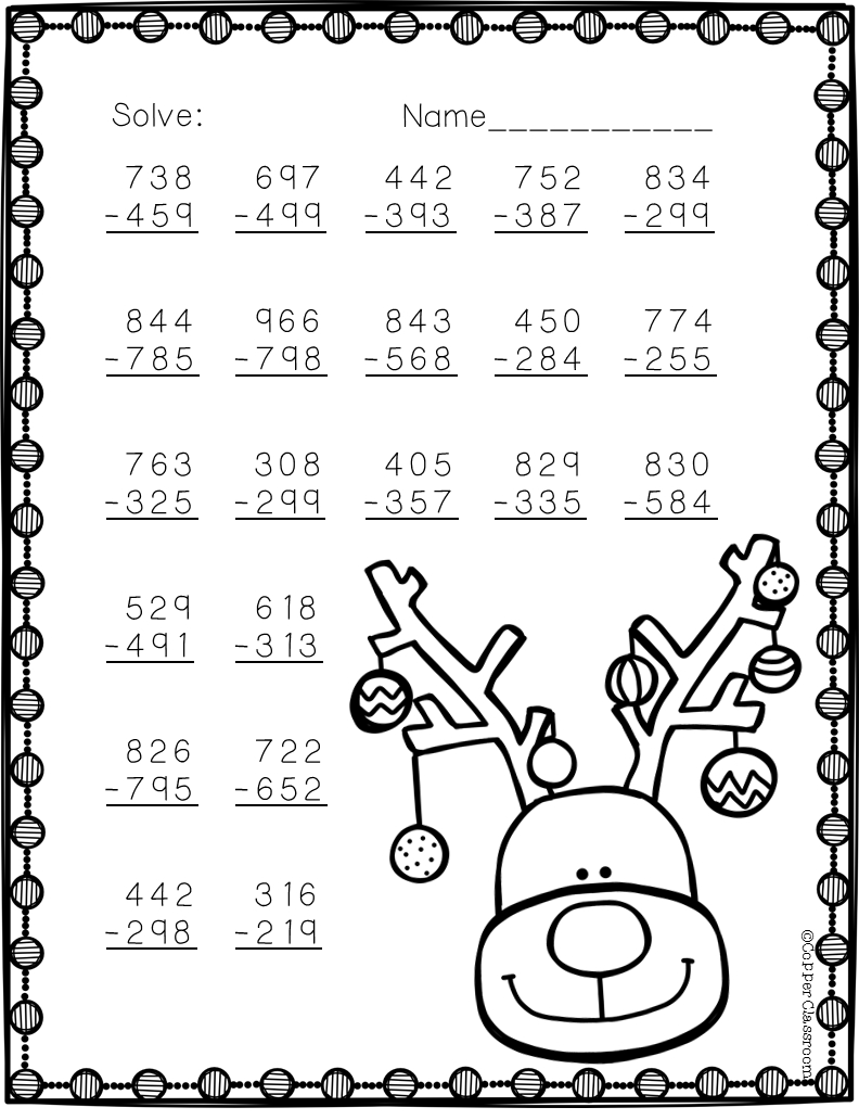 3.Nbt.2 Christmas Themed 3 Digit Subtraction With Regrouping for Christmas Subtraction Worksheets