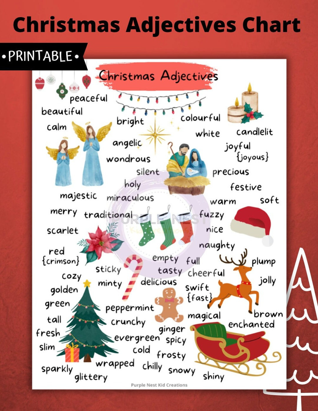 Christmas Adjectives Chart, Winter, Christmas Adjectives, Writing within Christmas Adjectives Worksheet