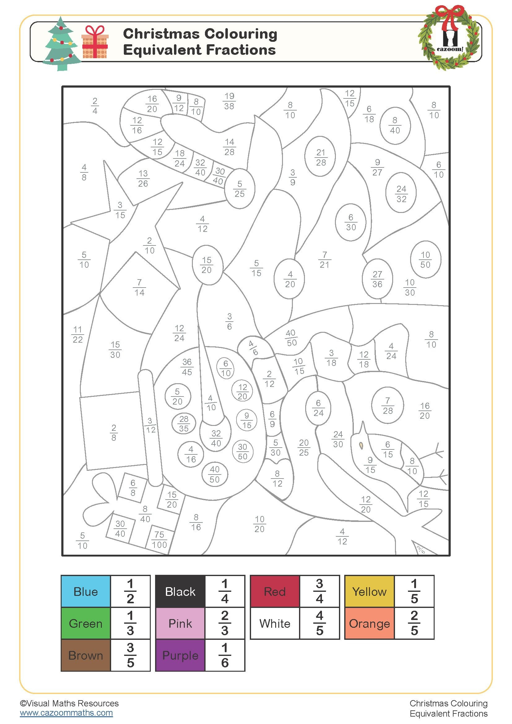 Christmas Colouring - Equivalent Fractions Worksheet | Cazoom for Christmas Numeracy Worksheets