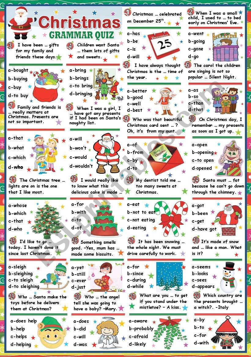 Christmas Grammar Quiz (Key Included) - Esl Worksheetkatiana for Christmas Grammar Worksheets