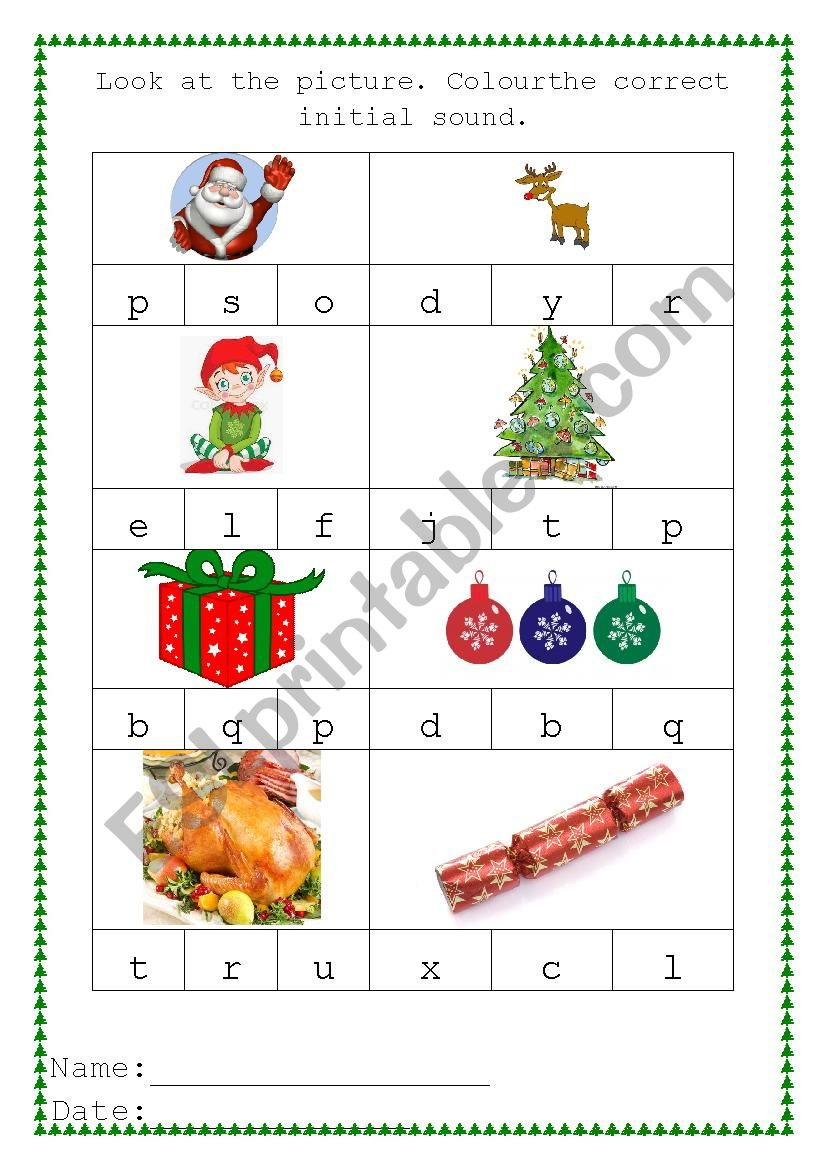 Christmas Phonics - Match Initial Sound To The Picture - Esl with regard to Christmas Phonics Worksheets