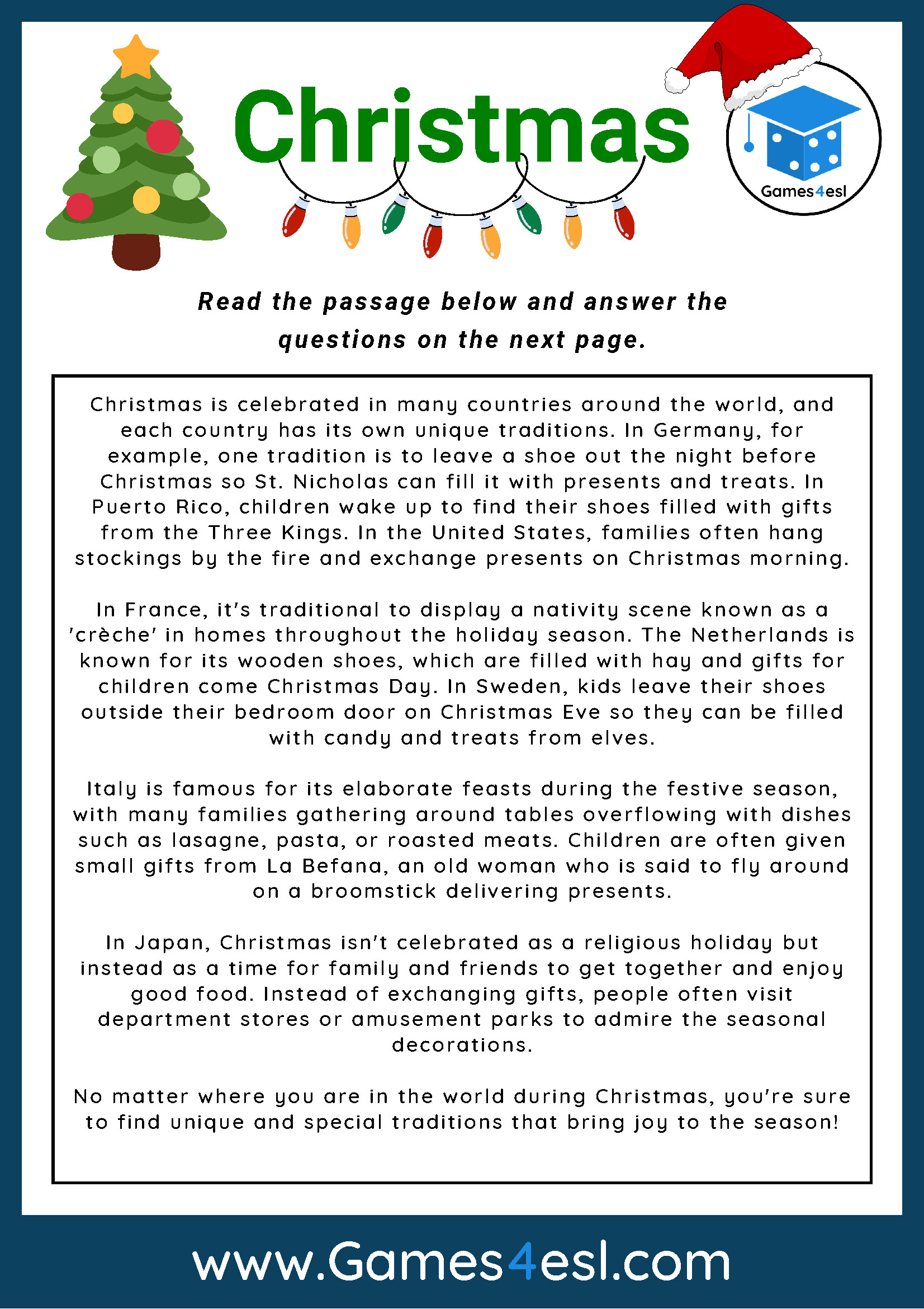 Christmas - Reading Comprehension Worksheet | Games4Esl intended for Christmas Reading and Comprehension Worksheets