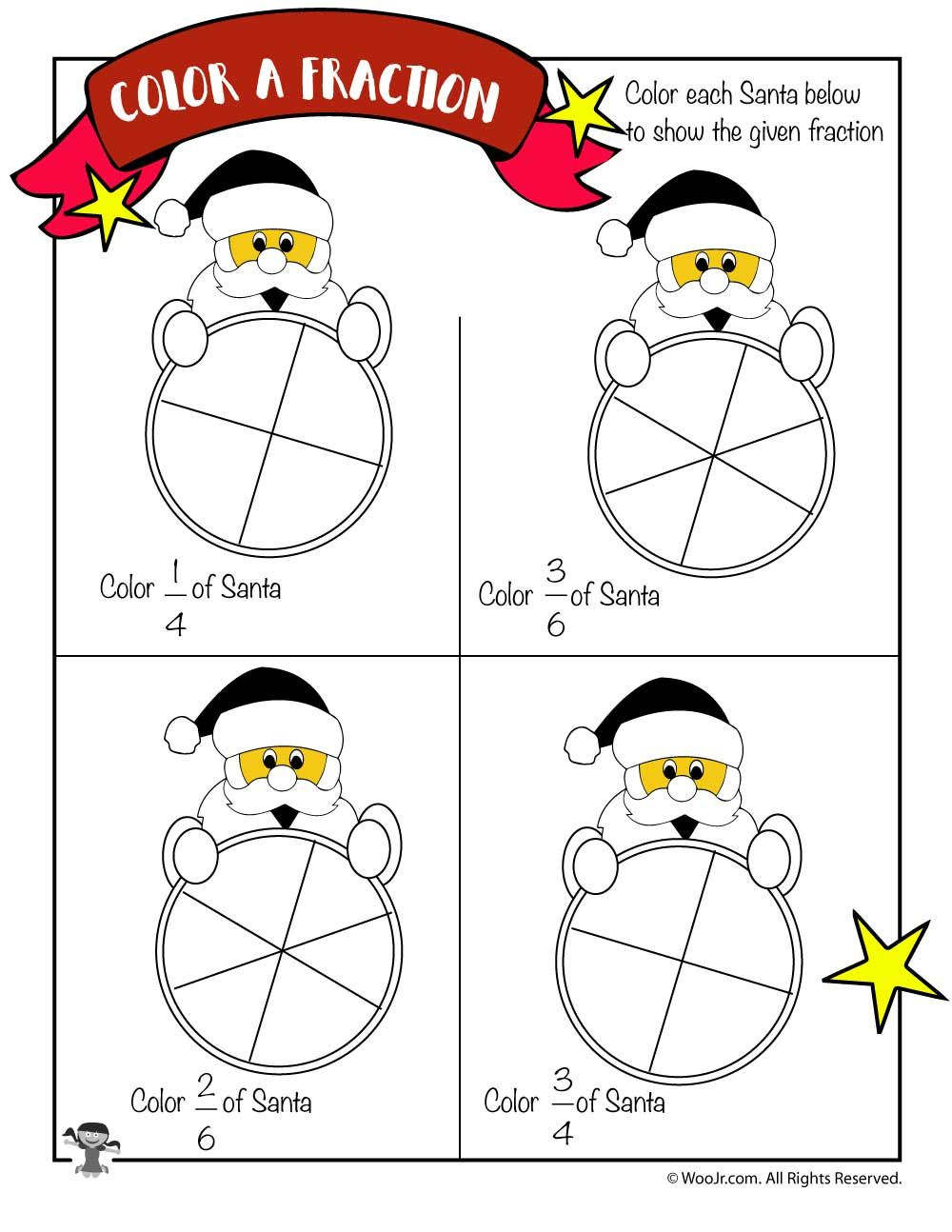 Color The Fraction Worksheet With Santa Claus | Woo! Jr. Kids for Christmas Fractions Worksheets