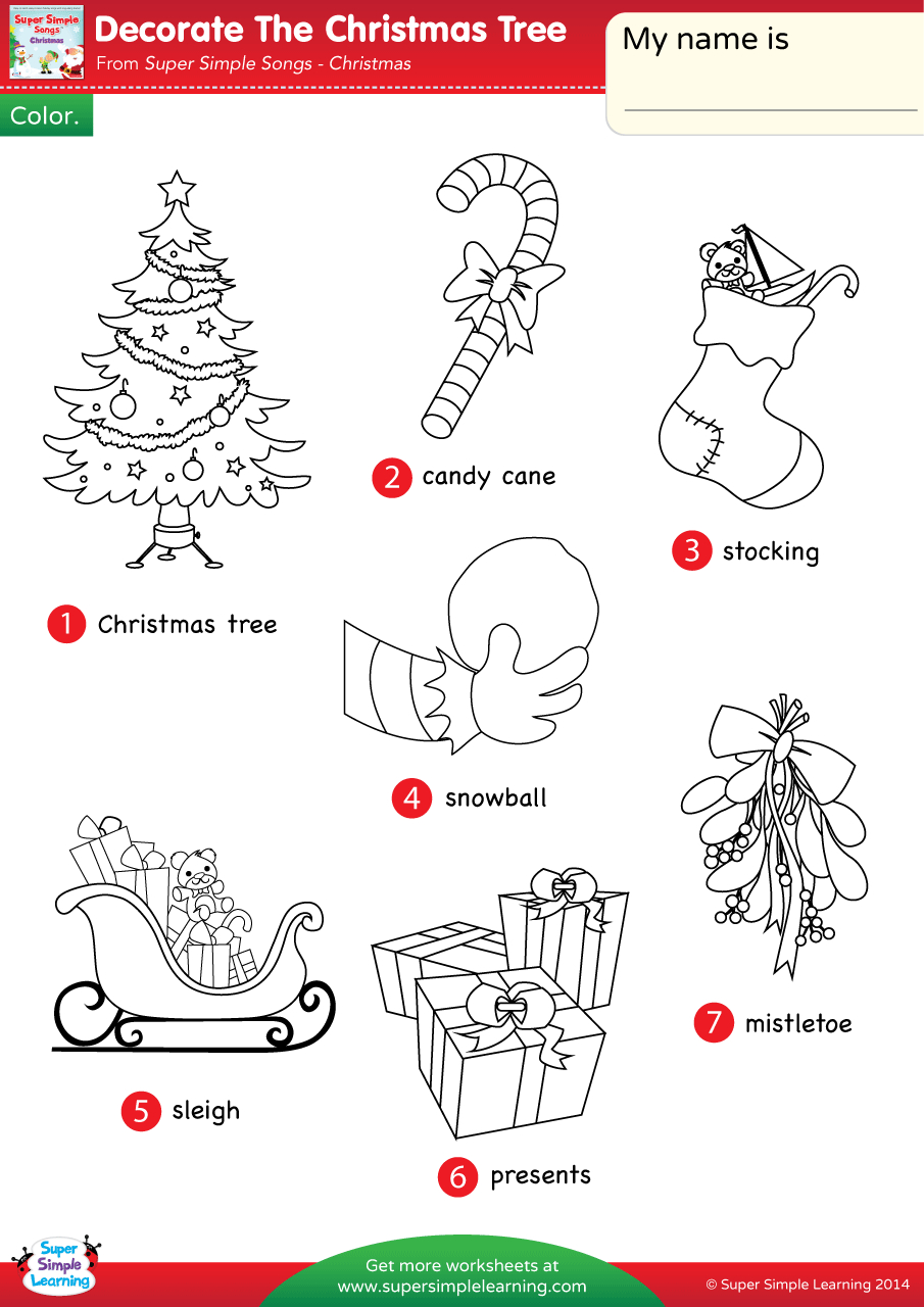 Decorate The Christmas Tree Worksheet - Vocabulary Coloring pertaining to Christmas Worksheet Color