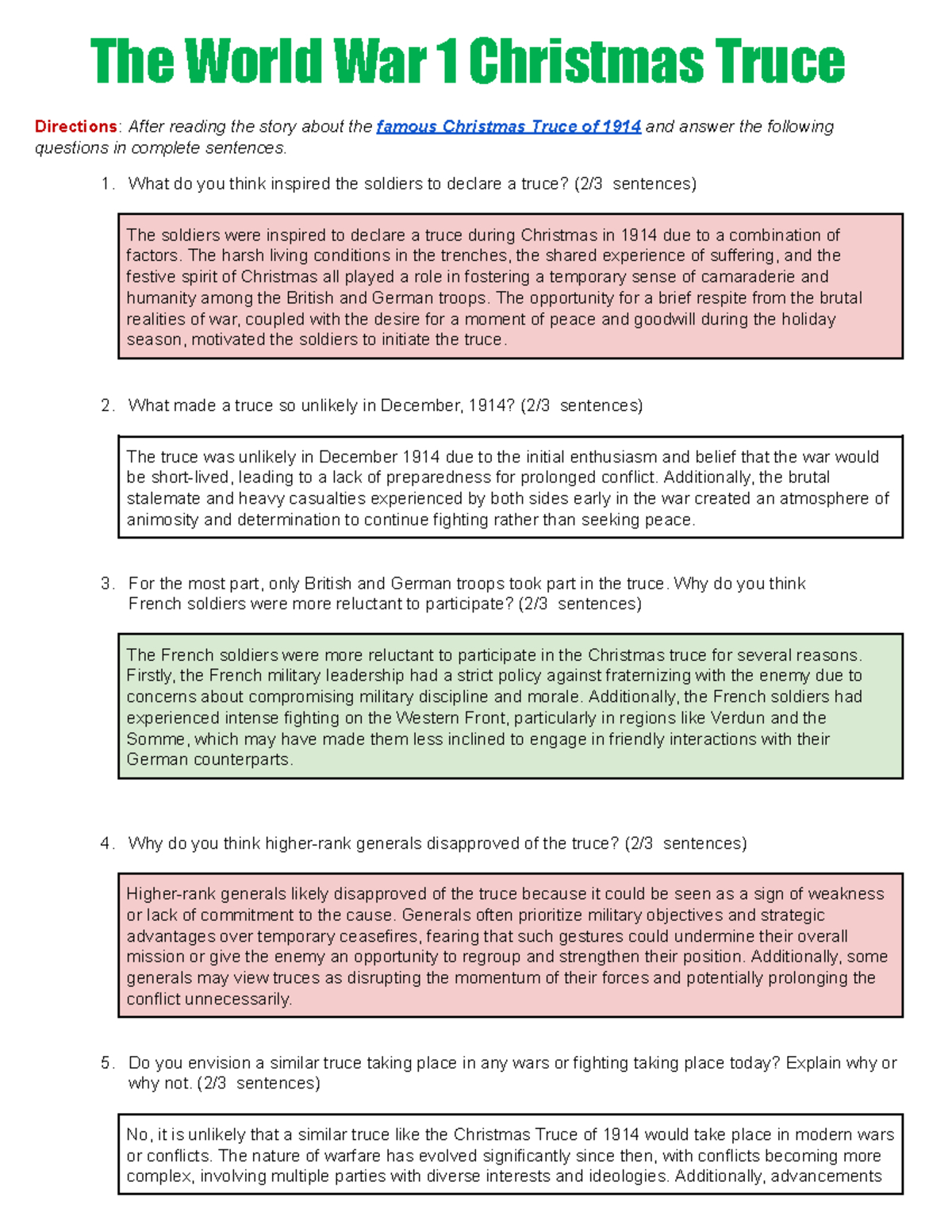 Jayshon Dedrick) The World War I Christmas Truce - The World War 1 for The World War 1 Christmas Truce Worksheet Answers