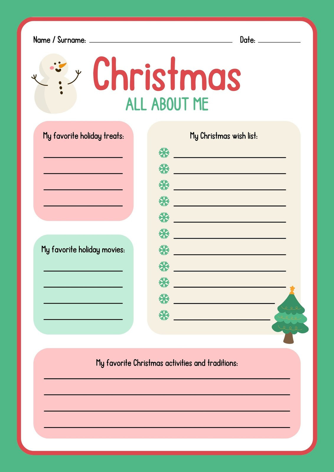 Page 3 - Free And Printable All About Me Worksheet Templates | Canva intended for All About Me Christmas Worksheet