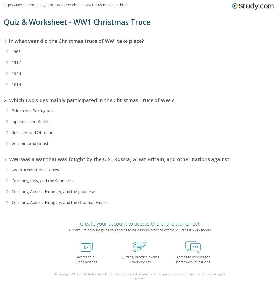 Quiz &amp;amp; Worksheet - Ww1 Christmas Truce | Study throughout The World War 1 Christmas Truce Worksheet Answers