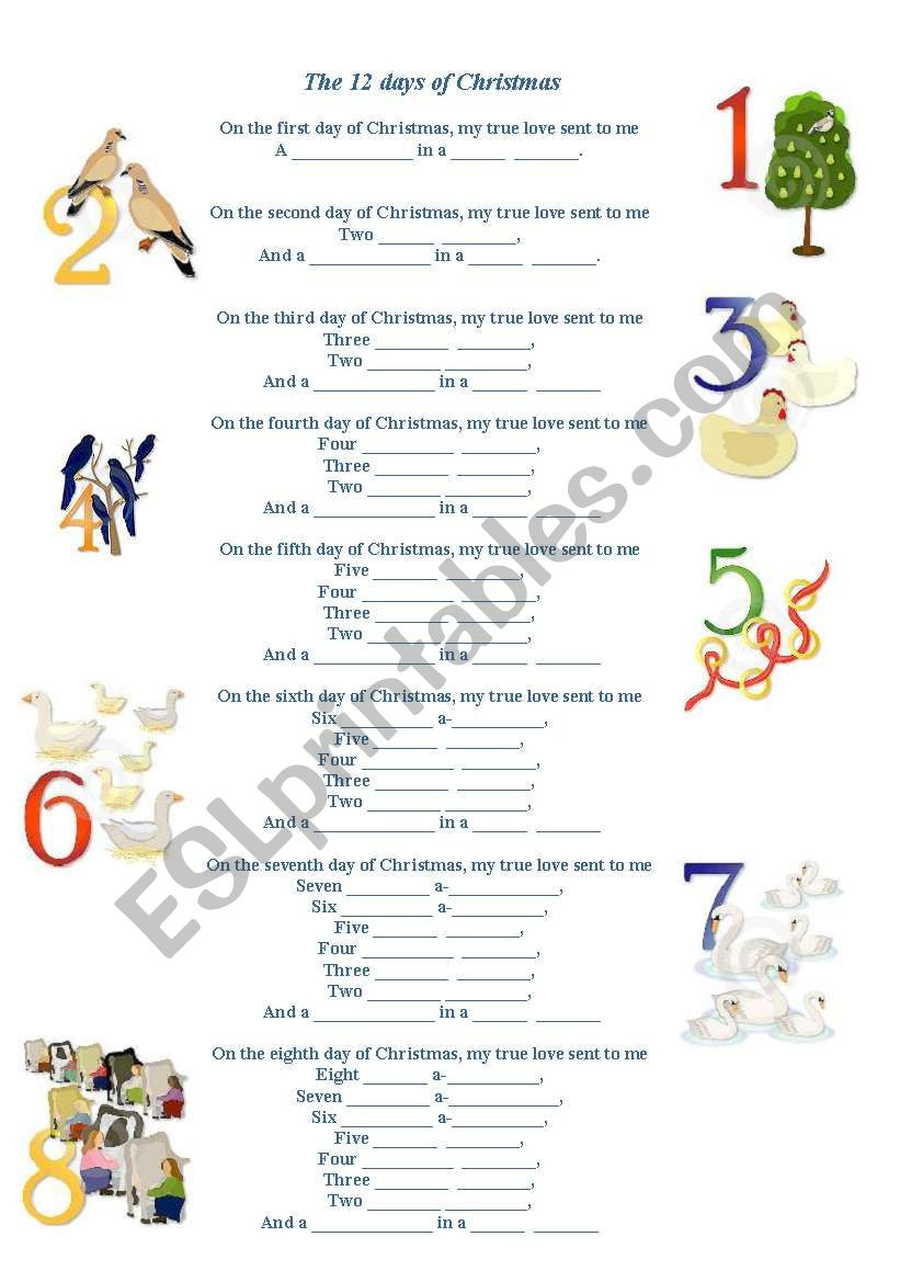 Song The Twelve Days Of Christmas - Esl Worksheetnickhk within 12 Days Of Christmas Worksheet