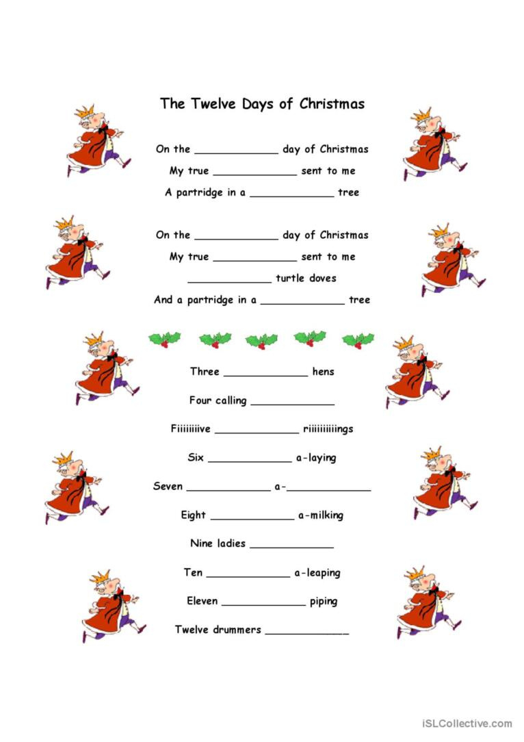 The 12 Days Of Xmas: English Esl Worksheets Pdf &amp;amp; Doc for 12 Days of Christmas Worksheet