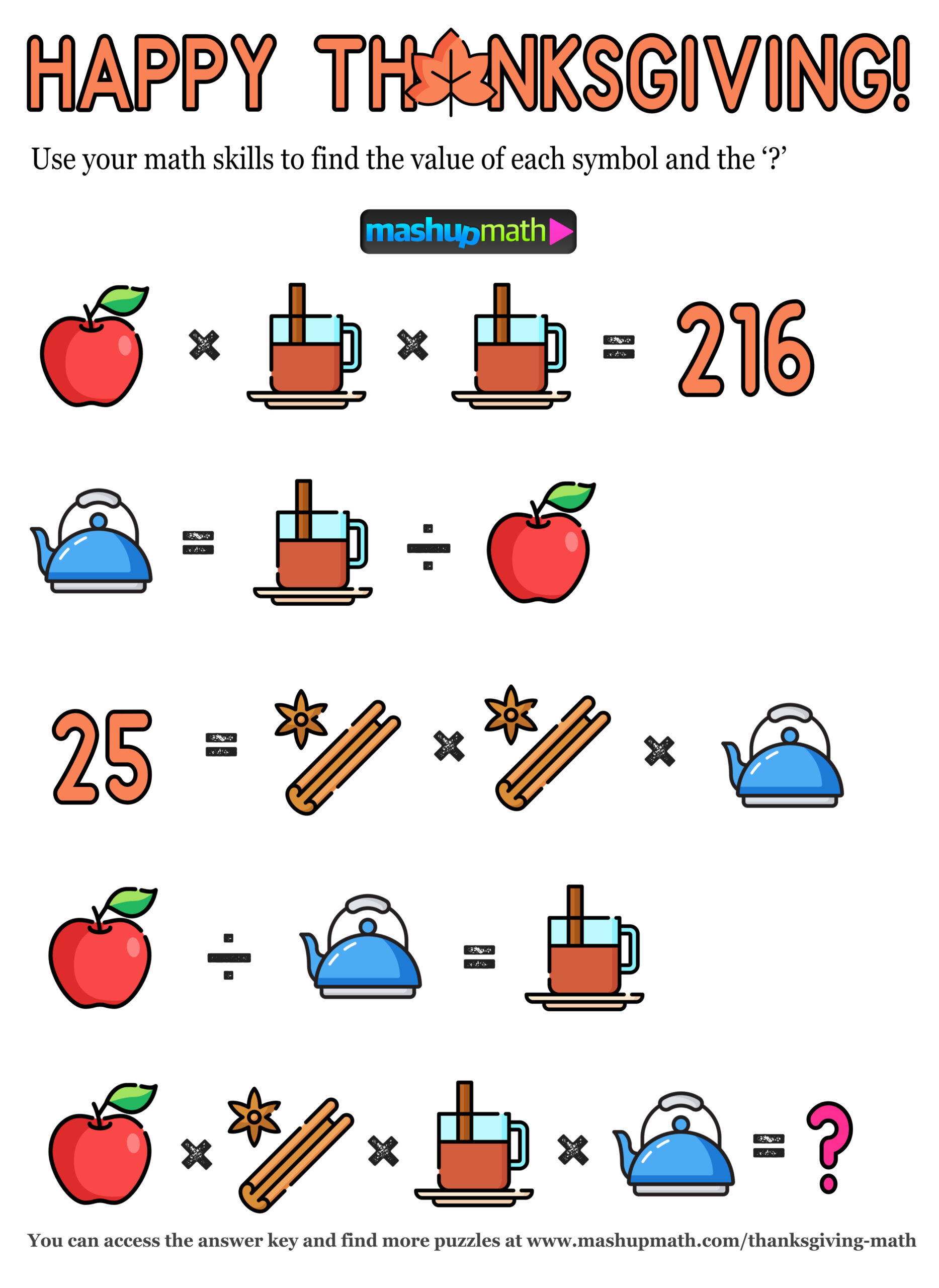12 Thanksgiving Math Activities For Grades 1-8 — Mashup Math intended for Thanksgiving Math Worksheets Algebra