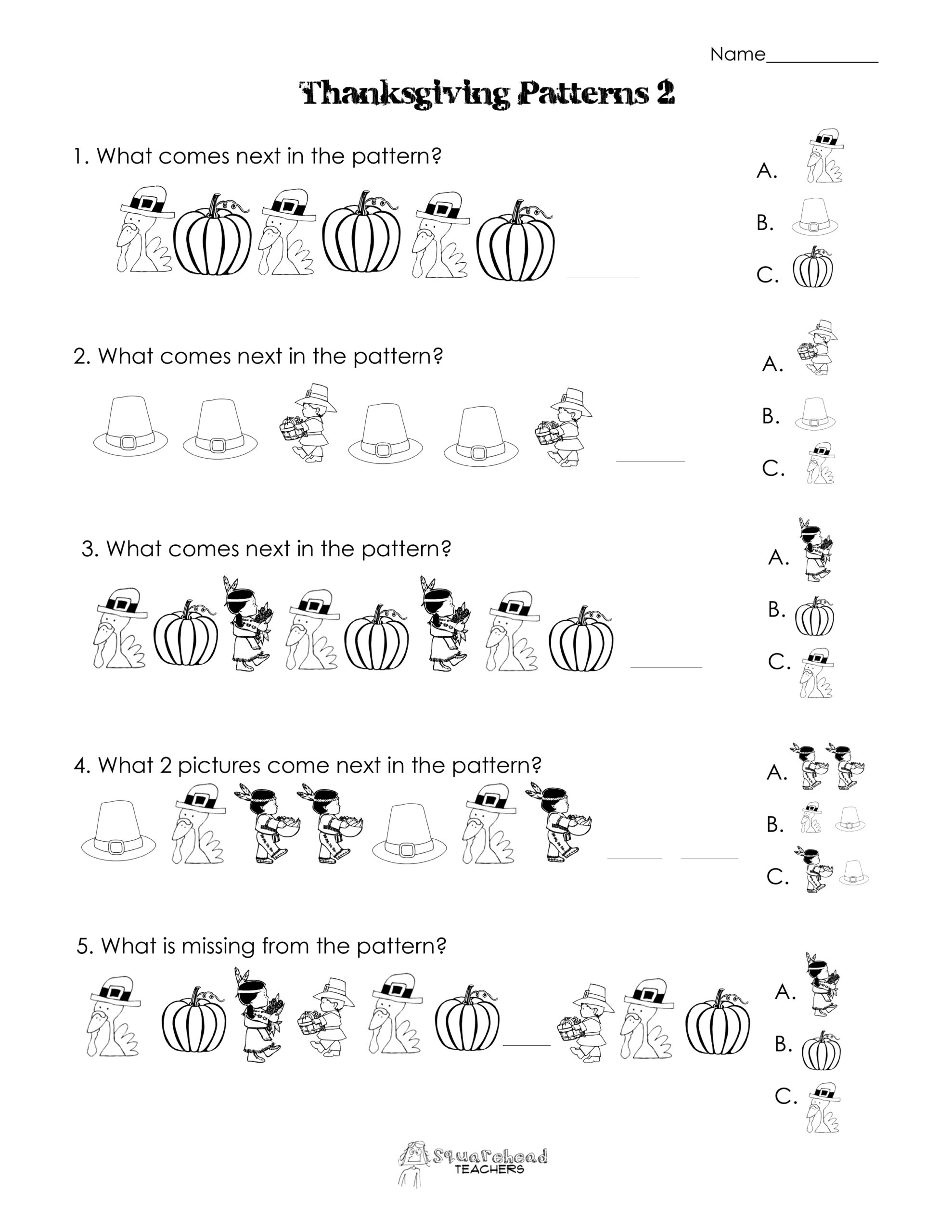 Another Thanksgiving Patterns Worksheet (K-2Nd) | Squarehead Teachers inside Thanksgiving Language Worksheets