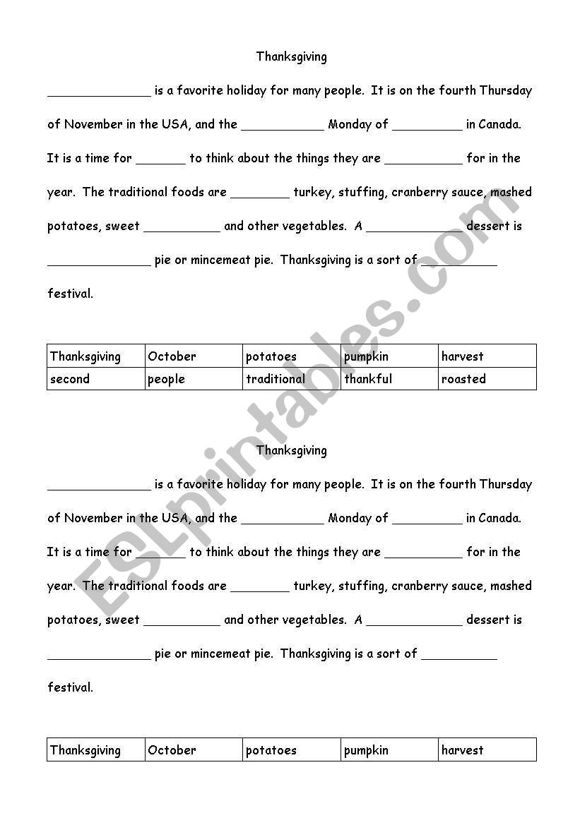 English Worksheets: Thanksgiving Cloze pertaining to Thanksgiving Cloze Worksheets