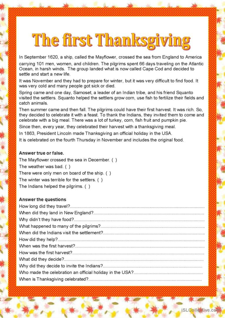 First Thanksgiving Reading For Detai…: English Esl Worksheets Pdf for First Thanksgiving Reading Comprehension Worksheet