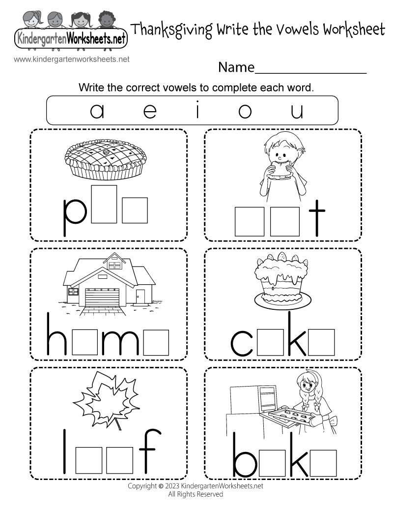 Free Printable Thanksgiving Write The Vowels Worksheet in Free Printable Kindergarten Thanksgiving Worksheet