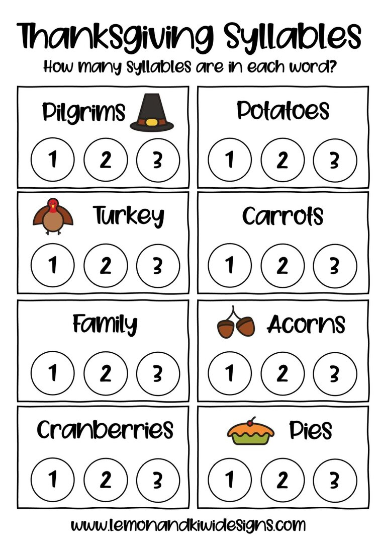 Free Thanksgiving Literacy Printables - Lemon And Kiwi Designs inside Thanksgiving Syllables Worksheet