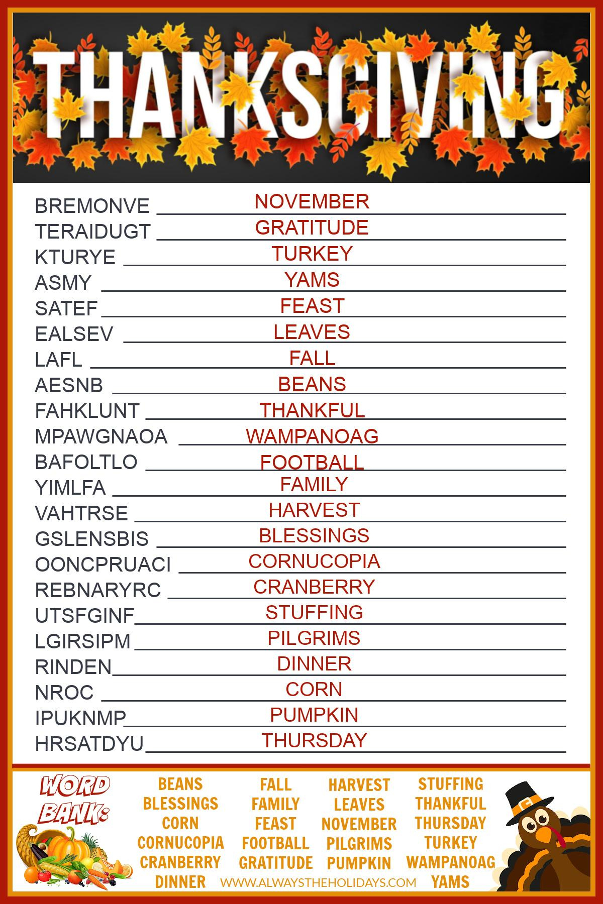 Get A Free Printable Thanksgiving Word Scramble With Answers inside Thanksgiving Word Scramble Worksheet Answers