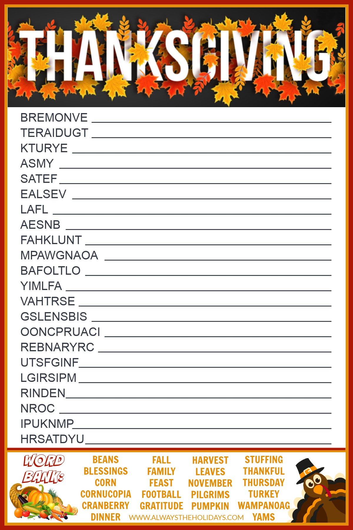 Get A Free Printable Thanksgiving Word Scramble With Answers inside Thanksgiving Word Scramble Worksheet