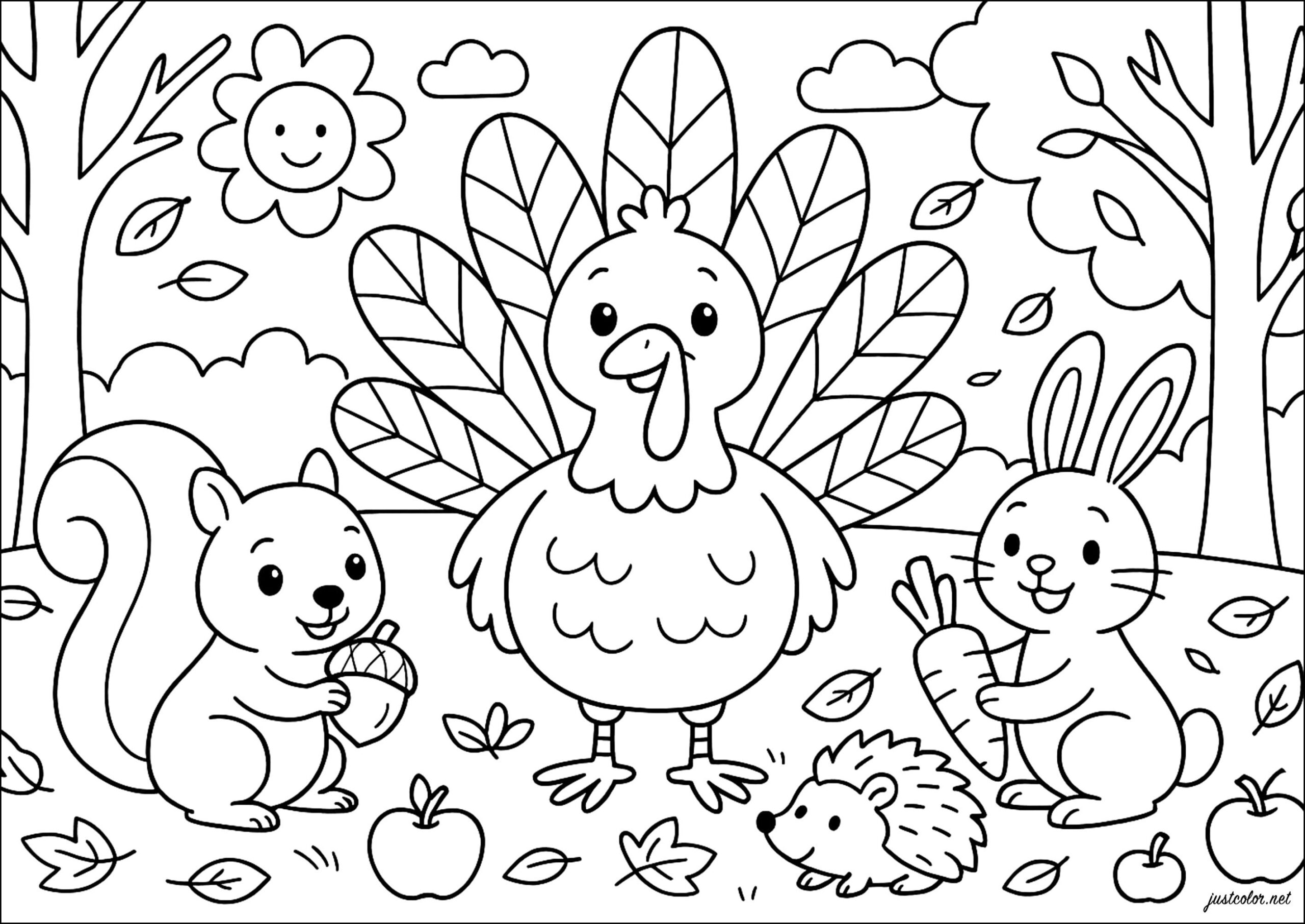 Happy Turkey And His Autumn Friends - Thanksgiving Coloring Pages within Coloring Worksheets For Thanksgiving