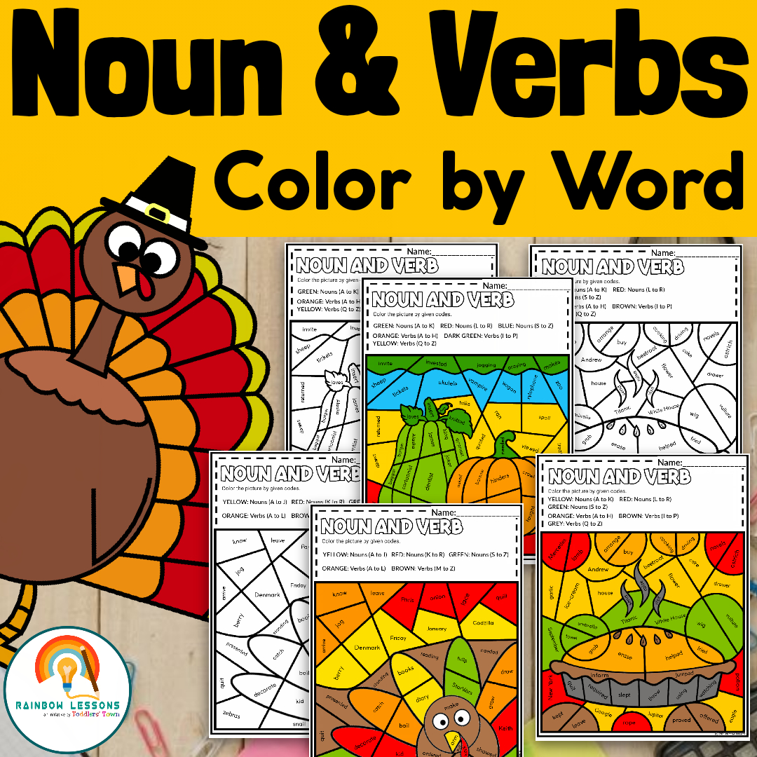 Noun And Verbs Worksheets | Thanksgiving Colorcode with Thanksgiving Verbs Worksheet