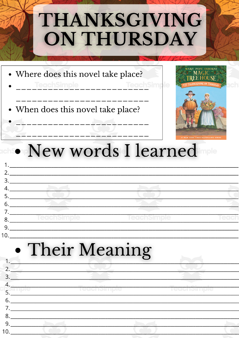 Novel Study - Thanksgiving On Thursday - Magic Tree Houseteach pertaining to Thanksgiving On Thursday Worksheets