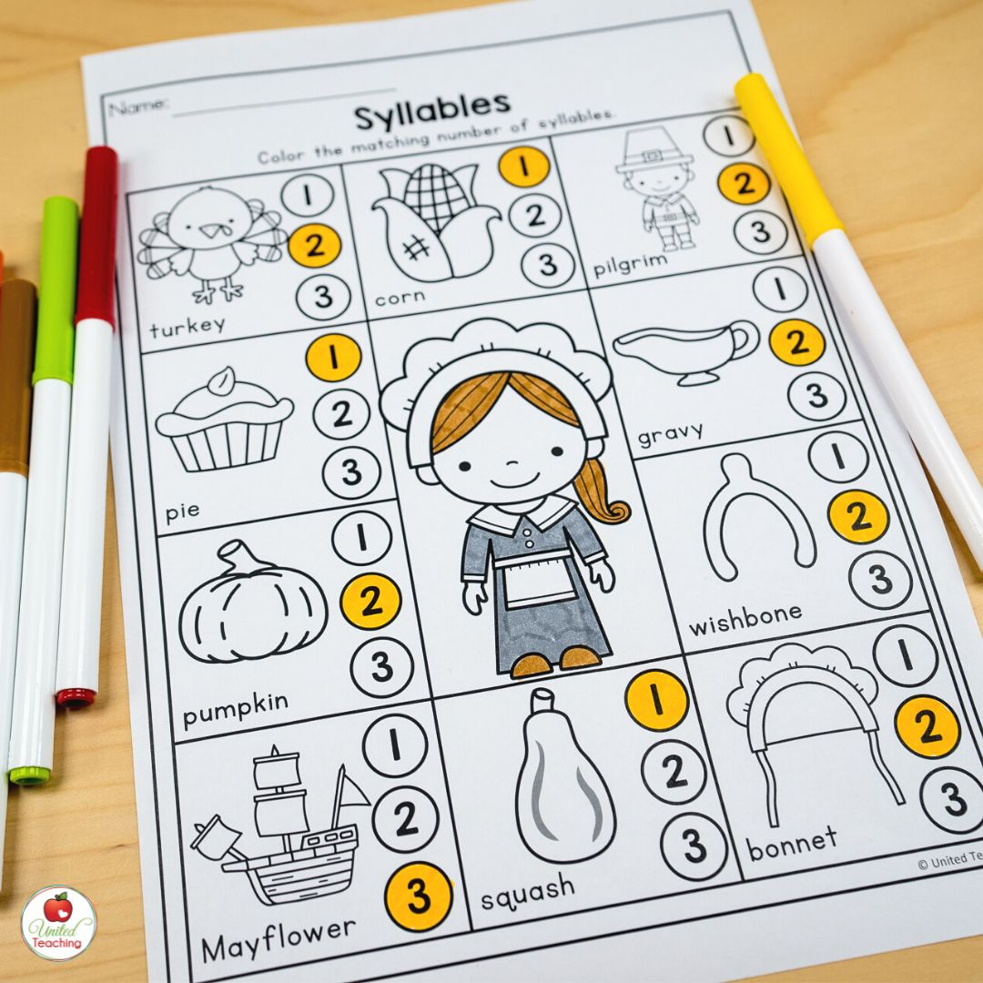 November Worksheets For Kindergarten: Easy To Prep Thanksgiving for Thanksgiving Syllable Worksheets