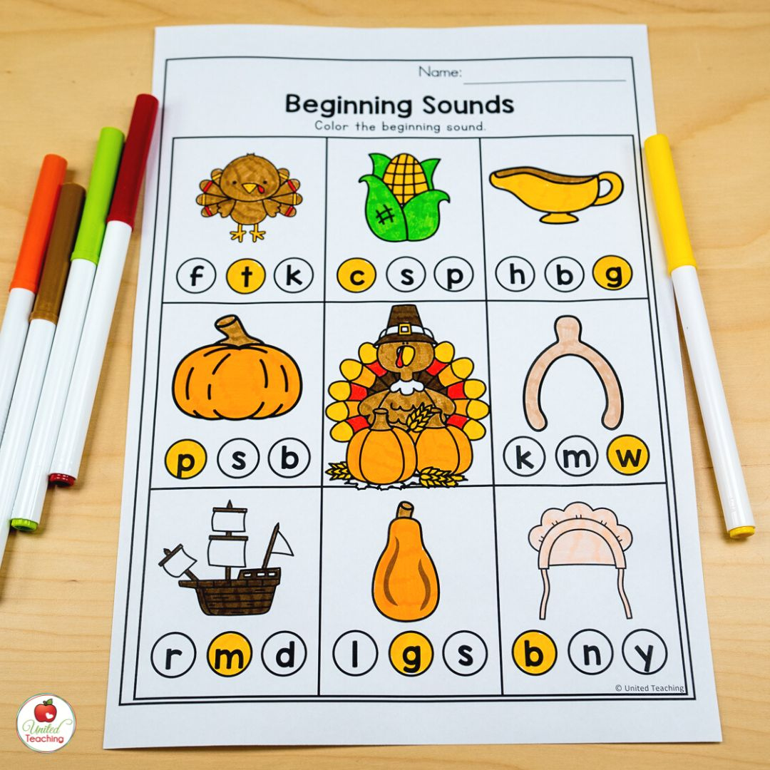November Worksheets For Kindergarten: Easy To Prep Thanksgiving with Thanksgiving Beginning Sounds Worksheet